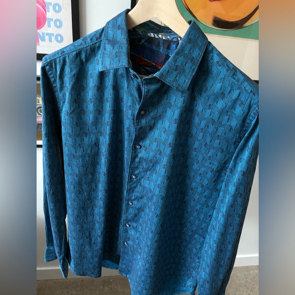 Robert Graham Long Sleeve Collared Shirt Ocean Wave Geometric Pattern Blue Large